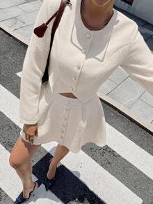 Pariaura 2件套粗花呢长袖衬衫和纽扣前裙 - 卡其色 - 查看 6