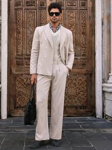 Manfinity VCAY 2 件男士意大利复古浅米色轻便商务休闲西装，纹理正装 - 米色 - 查看 4