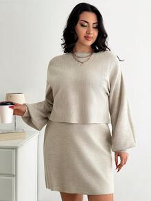EURMUSE Plus Size Batwing Sleeve Sweater & Knit Skirt - Apricot - View 1