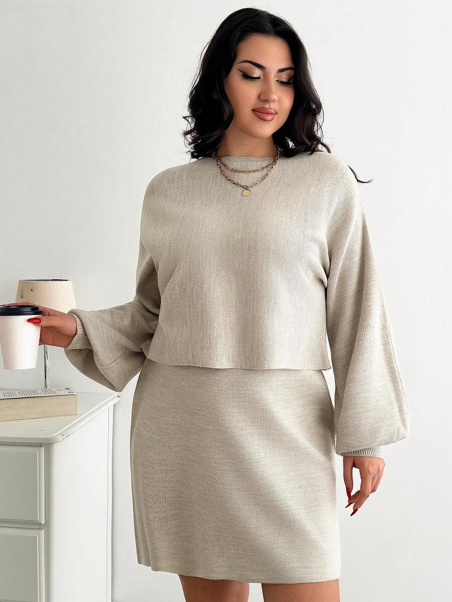 EURMUSE Plus Size Batwing Sleeve Sweater & Knit Skirt - Apricot - View 1