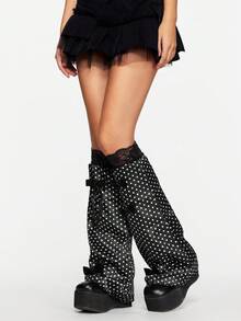 ROMWE Anime 1 双黑色复古可爱原宿风格白色波尔卡圆点蝴蝶结蕾丝拼接时尚腿套，适合日常穿着、音乐节、动漫大会，一款很棒的时尚配饰 - 黑色 - 查看 2