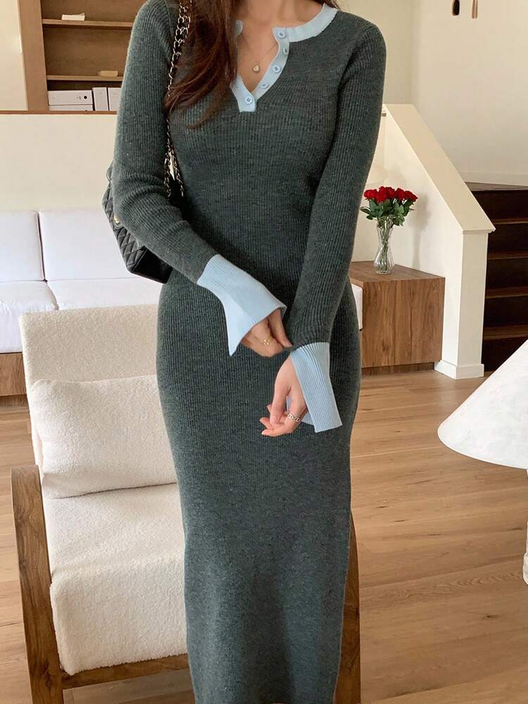Women's Retro Chic Fitted Long Sleeve Contrast Button Half Placket Knit Dress Women Sweater Dresses