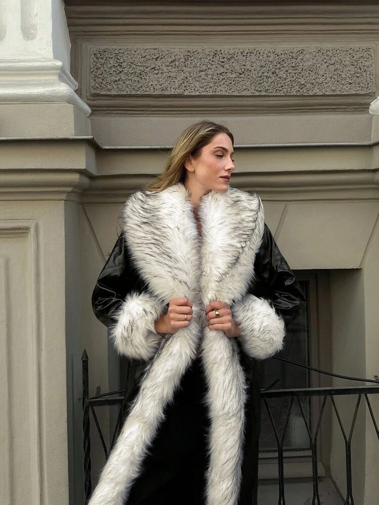 CONTRAST FAUX FUR DETAIL SLANT POCKET WINTER COAT