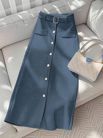 GlowEve Women's Casual Commuter Solid Color Front Button A-Line Skirt