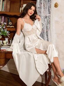 Côtesoire 女士浪漫优雅性感蕾丝拼接缎面镂空开衩睡袍睡衣套装内衣睡袍套装新娘睡袍套装，秋冬服装 - 白色 - 查看 3