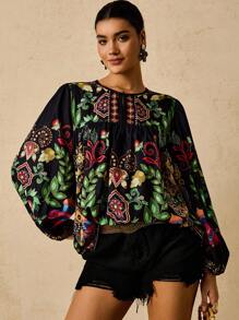 Travachic Camicetta a maniche lunghe con scollo tondo, laccetti e motivo tropicale e retrò, taglie comode per donna - Multicolore - Visualizzare 3