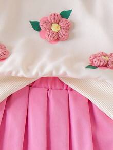 Conjunto informal y lindo de sudadera para niñas bebé, con parte superior de estampado floral de ganchillo 3D y falda plisada, conjunto de otoño para niñas pequeñas