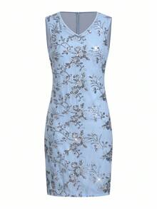 Ellevyn Women's Autumn/Winter Fashion Commuter Jacket & Sequin Decor Dress Blue Set - Blue - View 6