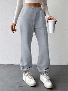 SHEIN Cottnline Ladies' Solid Color Drawstring Waist Sweatpants - Light Grey - View 3