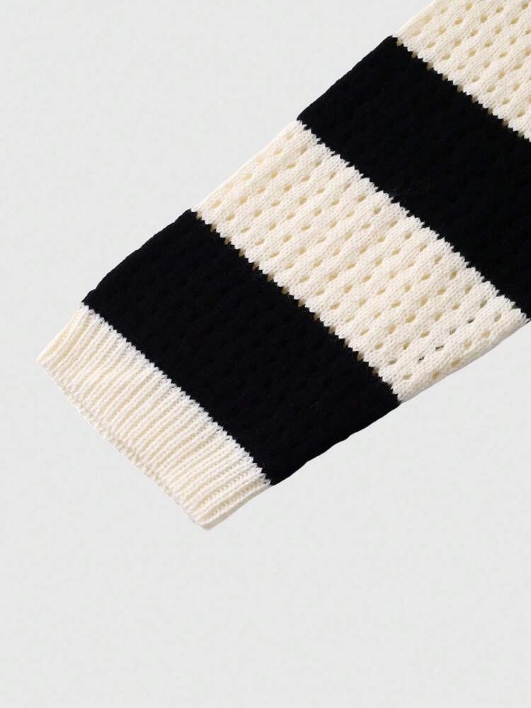 ROMWE MEN Prep Men's Striped Letter Embroidered Sweater, Suitable For Valentine's Day, Fall Winter, Long Sleeve Top - Black - View 3