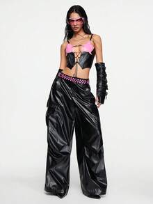 ROMWE Street Life Top ajustado de contraste de color con diseño asimétrico y cordones de encaje sexy para mujeres - Negro - Ver 6