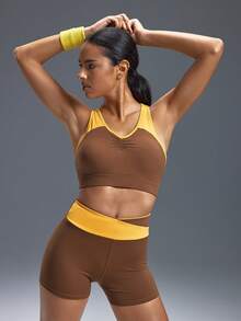 Powerista Women's Brown Workout Set, Brown Sports Bra & Short For Running & HIIT - Brown - View 6