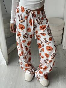Aloruh Quần ống rộng thường ngày in họa tiết Halloween dành cho nữ - Nhiều màu - Xem 1