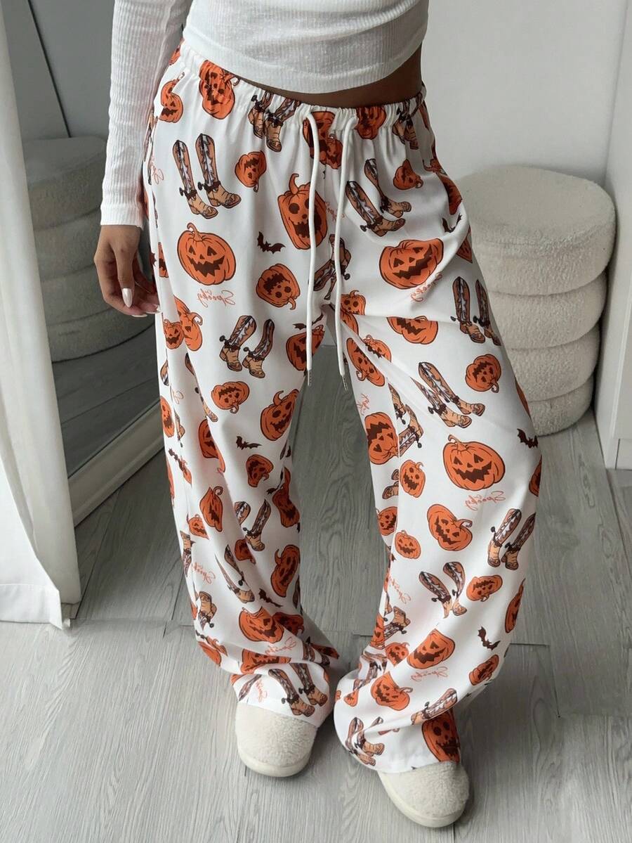 Aloruh Quần ống rộng thường ngày in họa tiết Halloween dành cho nữ - Nhiều màu - Xem 1