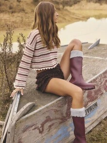 Aralina Fall Winter Wide Long Sleeve Mulit Colour Striped Knitted Cropped Sweater With Scalloped Hem And Cuff Detail - Multicolor - View 8