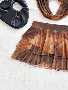 Soleia 女式日落渐变色低胸花卉金属扣装饰露背上衣和多层荷叶边下摆迷你裙 2 件套，休闲度假海滩巡航假日鸡尾酒会礼服，适合所有季节、音乐节、波西米亚度假 - 彩色 - 查看 4