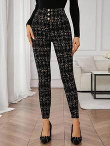 SHEIN Clasi 女士优雅通勤格子珍珠纽扣修身裤 - 黑色 - 查看 3