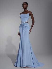 Elitara 优雅浅蓝色露肩低胸腰部镂空奢华手工水钻弹力褶饰美人鱼裙，适合婚礼、单身派对、度假、舞会、正式场合（重型） - 藍色 - 查看 8