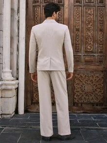 Manfinity VCAY 2 件男士意大利复古浅米色轻便商务休闲西装，纹理正装 - 米色 - 查看 5