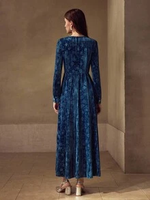 MOTF PREMIUM V-NECK RHINESTONE VELVET JACQUARD DRESS - Blue - View 5