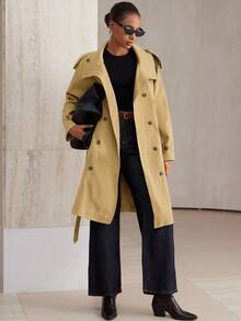 Aveloria Modichic Französischer Retro Europäischer & Amerikanischer Stil Gürtelschnallen Dekor Mittellanger Trenchcoat - Khaki - Übersicht 6