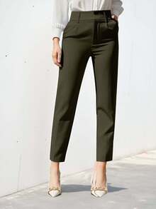 EURMUSE Pantalones de traje de unicolor y sencillo para mujer - Verde militar - Ver 4