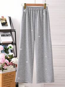 Tween Girls' Elastic Waist Solid Color Loose Straight Leg Rhinestone Embellished Casual Sweatpants Fall Winter