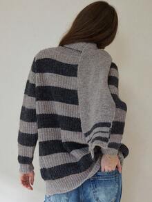 Aveloria Modichic Contrast Stripe V-Neck Pullover Sweater + Soft Loose Scarf, Slimming Casual Sweater Set - Multicolor - View 6
