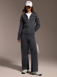 Hanevo 秋冬时尚条纹连帽针织开衫+针织裤套装 - 灰色 - 查看 5