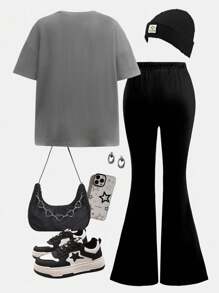 SHEIN Bộ 2 món/Bộ đồ áo thun họa tiết rộng rãi màu xám than và đen kèm quần ống rộng, họa tiết cô gái anime dạo phố, thích hợp cho các buổi đi chơi mùa hè, thoải mái dễ chịu, nhiều lớp quần áo mùa thu, trẻ em thời trang, trang phục thường ngày, quần áo họa tiết trẻ em, trở lại trường, quần áo mùa thu, dạ hội - Nhiều màu - Xem 2