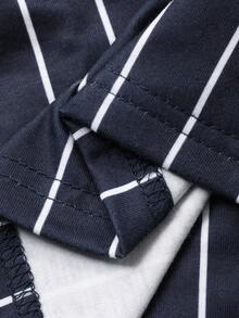 DAZY Navy Blue Striped Shirt With Embroidered Design Men's Loungewear Set, Autumn, Fall Clothes Pajama - Multicolor - View 8