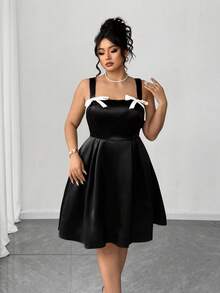 Elenzga Vestido de satén tejido con decoración de lazo para mujer de talla grande, estilo gótico femenino oscuro y preparatorio - Negro - Ver 4