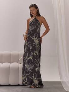 MUSERA 缎面印花露背长裙，优雅性感，适合夜晚外出、婚礼宾客、度假、秋季叠穿派对、春夏、毕业典礼等场合。 - 彩色 - 查看 4