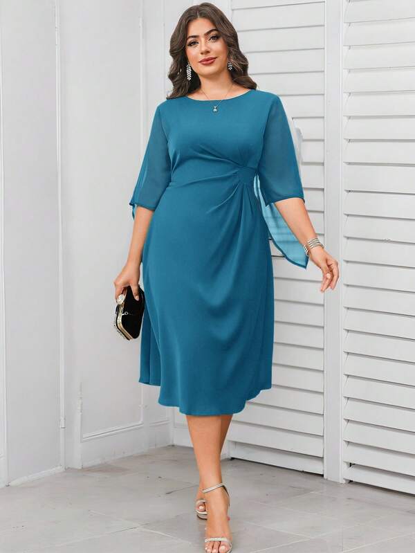 Reflora Rochie midi elegantă, cu talie strânsă, mărime plus, de culoare solidă, potrivită pentru naveta