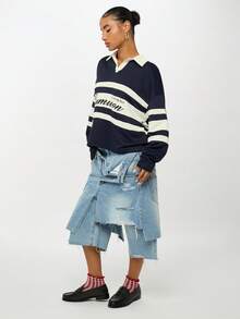 SUMWON WOMEN 超大号大学运动服长袖 Polo 橄榄球上衣，带有运动白色条纹印花和经典撞色领子，秋冬街头时尚必备单品 - 藏蓝色 - 查看 8