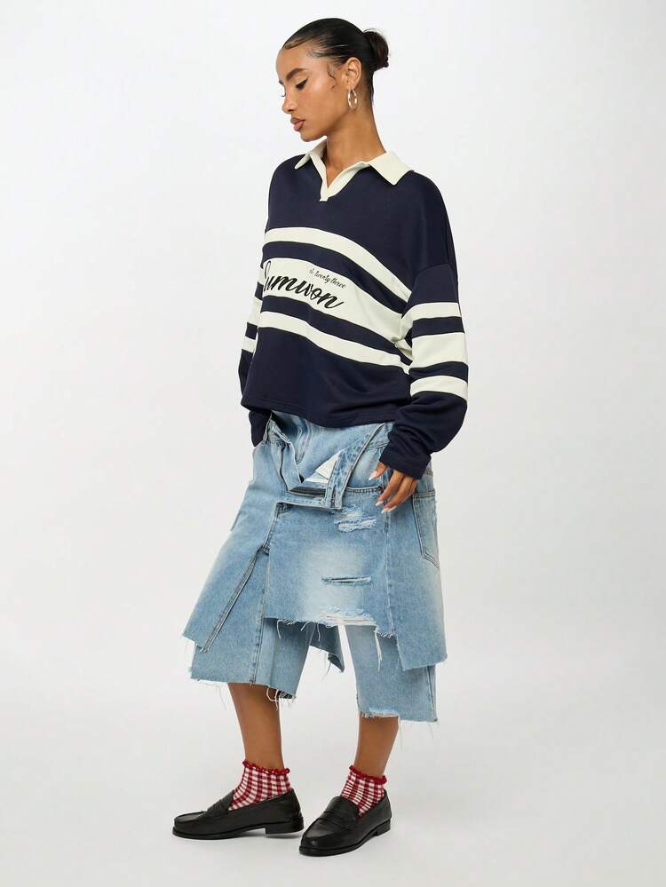 SUMWON WOMEN Oversized Varsity Rugby Polo With Contrast Collar And Stripes