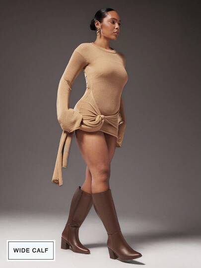 SHUZIA بوت نسائية بكعب مربع 3 بوصة من جلد البولي يوريثان البني أقل من الركبة - أنيقة ومريحة للساق العريضة ، ضرورة فاخرة لإطلالات واثقة ومرتفعة. للكريسماس وعيد الحب