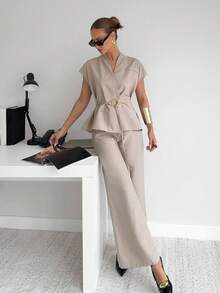 Siren Gaze Autumn Women's Suits, Elegant Commuter Waistcoat Two-Piece Suits, Casual Formal Wear, Old Money Style Wear, Autumn Women's Clothing, Graduation Season, Travel Clothing Summer - Apricot - View 5