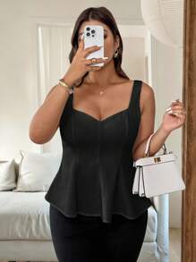 Vionelle 大码女式优雅无袖吊带背心，法式浪漫风格，适合办公室、通勤、下午茶、派对、度假，甜心领，前开衩，收腰，A 字廓形，适合春夏季荷叶边背心黑色荷叶边上衣女式黑色上衣优雅黑色上衣 - 黑色 - 查看 3