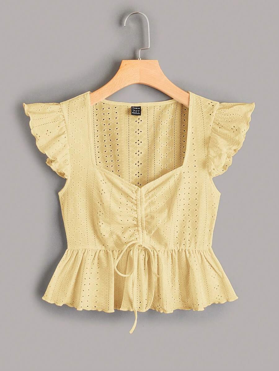 Soleia Blusa de manga mariposa ribete en forma de lechuga con cordón peplum schiffy