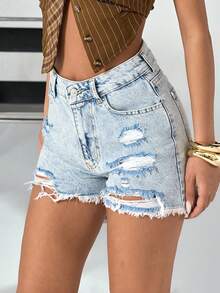 SHEIN Cottnline 100%Cotton High-Waisted Frayed Hem Denim Ultra-Short Shorts For Spring/Summer - Light Wash - View 4