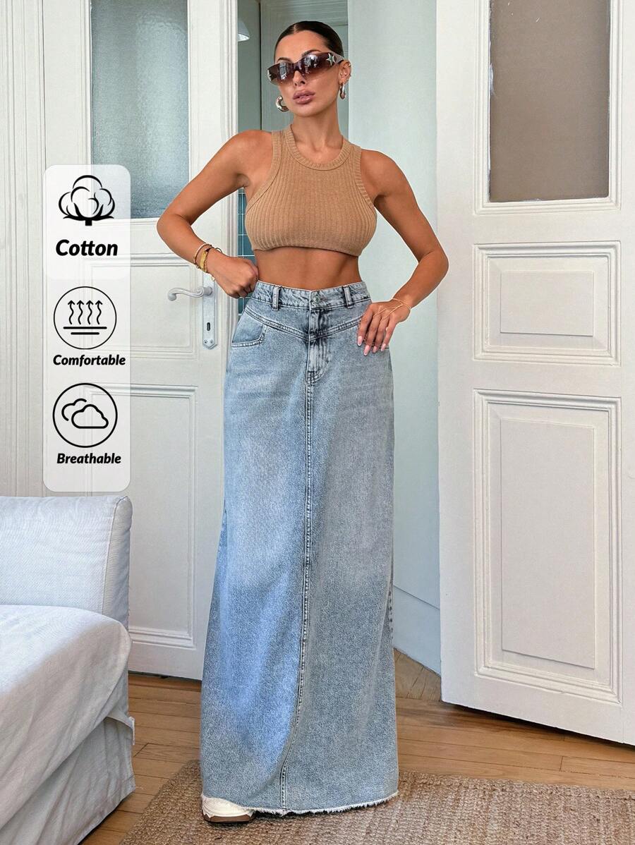 EURMUSE Chân váy denim cạp thấp viền rộng 100% cotton - Rửa trung bình - Xem 1