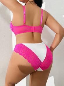 Esselle Bộ 2 áo ngực và quần lót ren vá có gọng màu tương phản cỡ lớn, nâng đỡ và thoải mái, cúp 3/4, nâng ngực - Màu Hồng Tươi - Xem 2
