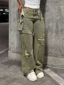 StreetHx Jeans de mujer de pierna ancha y suelta con botones - Azul - Ver 6