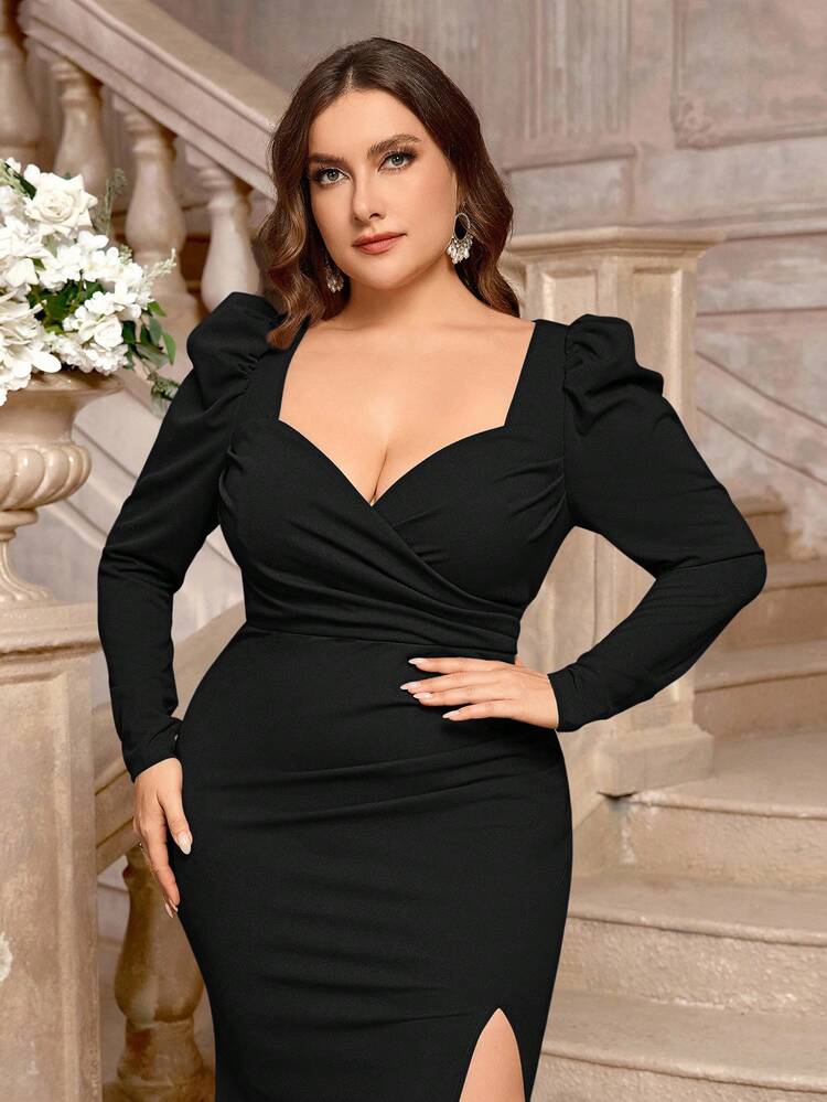 SHEIN Belle 加大码焦糖色弹力面料羊腿袖高开叉优雅伴娘礼服 - 黑色 - 查看 6