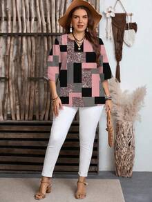 Mellowie Camisa de talla grande con estampado de bloques de color texturizado, adecuada para el verano