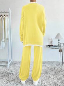 SHEIN LUNE 女士休闲撞色针织毛衣和裤子两件套，秋冬 - 彩色 - 查看 2