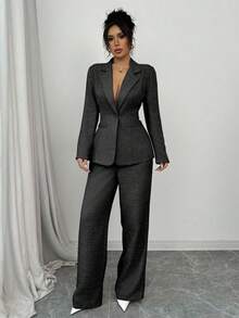 Elenzga 2 piezas Conjunto de traje elegante rosa para mujer - Chaqueta tipo blazer y pantalones a juego, adecuado para oficina, negocios, fiesta, cita de San Valentín - Negro - Ver 4