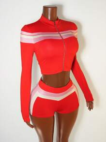 BamGleam 女士街头服饰撞色拉链开衫和吊带背心搭配短裤套装 - 彩色 - 查看 7