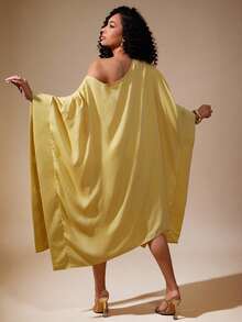 Vixey Solid Sheer Chiffon Ruffle Batwing Flowy Dress, Going Out Outfits, Date Night Outfits Women, Night Out Outfit, Wedding Gust Dress, Wedding Gust Dress Elegant, Yellow Dress, Batwing Sleeve Dress, One Shoulder Dress - Yellow - View 3